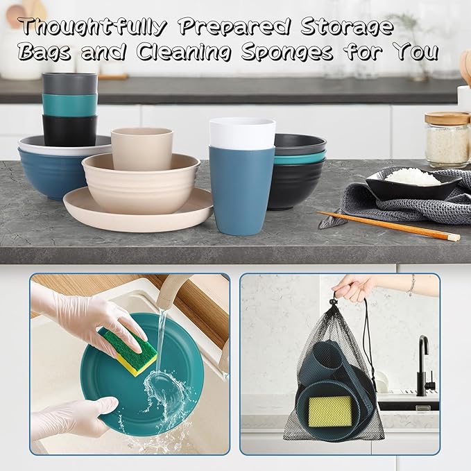 66 Pcs Wheat Straw Dinnerware Sets Unbreakable Dinnerware Set Reusable Wheat Straw Plates and Bowls Set for 6 Camping Mess Kit for TravelCamping EssentialsPicnicHomeParty
