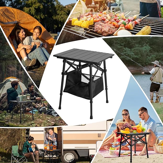 Folding Camping Table - Small Outdoor Table with Storage Bag - Adjustable Height 14.2'' &amp 18.9'' Portable Lightweight Aluminum Foldable Side Table for Picnic BBQ Beach &amp Tailgating (Small)