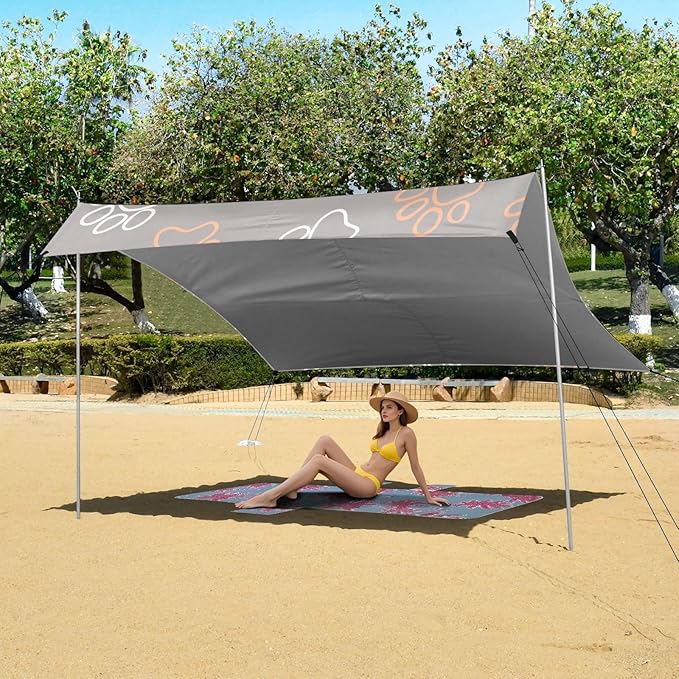 Bolaz Beach Canopy Tent Sun Shade9'×10.5' Large Family Beach Shade UPF50+- Outdoor Shade for Camping Trips FishingLine Paws Pattern
