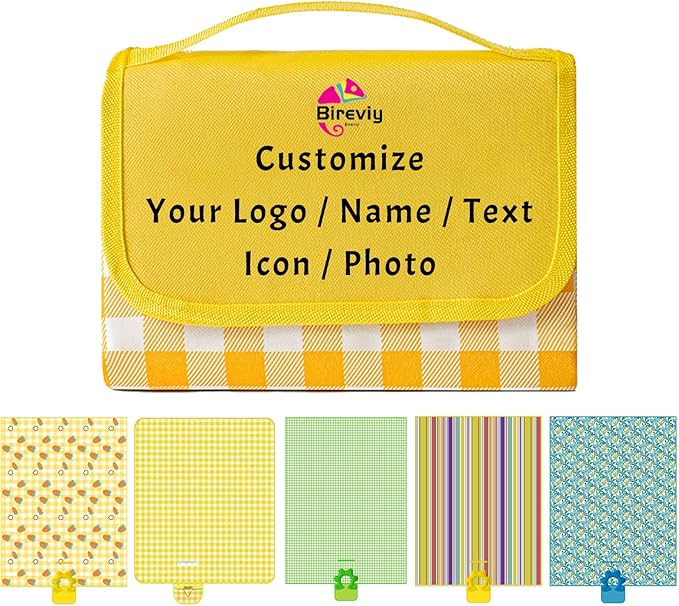 Custom Picnic Blanket Foldable Gingham Beach Mat Waterproof Sandproof Personalized Name Text Logo for Outdoor Camping Lawn Park Hiking Patio