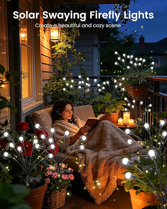 OZS 8 Pack Total 64 LED Solar Firefly Lights Fairy Outdoor - Solar Garden Lights Outdoor Sway by Wind Waterproof for Garden Patio Pathway Fairy Decoration (Cool White)