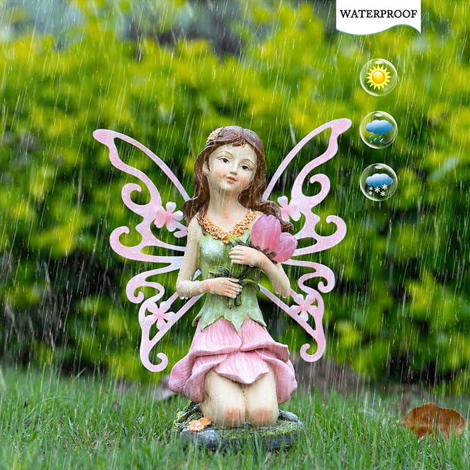 Fairy Decor Solar Outdoor Statue Accessories for Fairy Garden Gifts - Resin Figurine for Patio Yard Lawn Size 8.35 x 4.92 x 10.82 inches