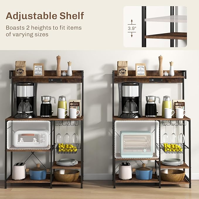 Rack with Power Outlet and LED Lights Bakers Racks for Kitchens with Storage Industrial Microwave Stand with Glass Holders Metal Basket Multiple Shelves Rustic Brown