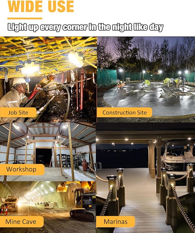 LED Construction String Light 50FT 65W 8000Lm Industrial LED String Work Lights with 5 Bulbs 5000K Linkable Work Lights Temporary Lighting for Construction Site Job Site Attic Crawl Space