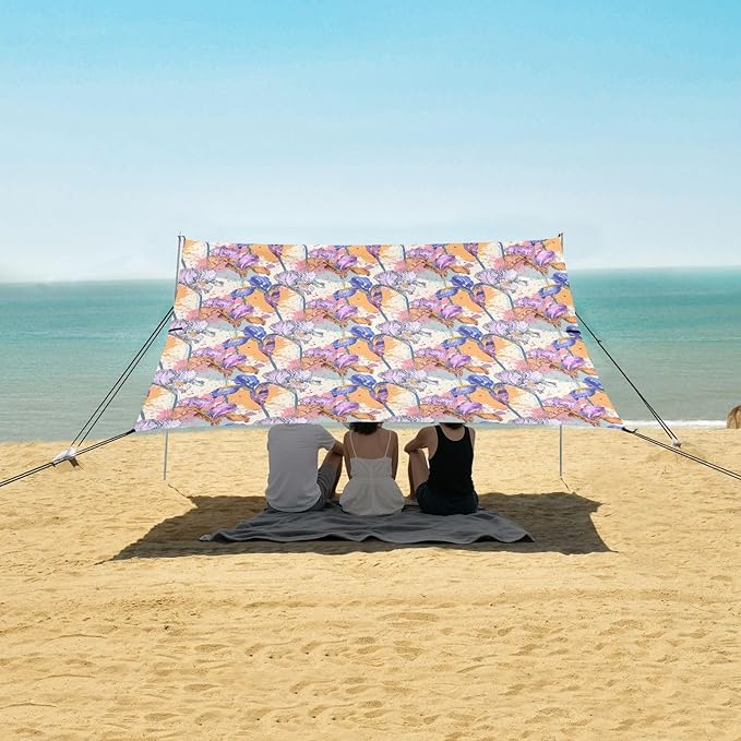 ALAZA Colorful Iris Flowers Beach Tent Sun Shelter UPF50+ Protection Beach Shade Canopy w/ 4 Sandbags for Outdoor Camping Fishing Backyard Fun Picnic 10x9 ft