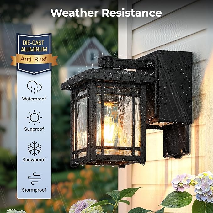 2-Pack Porch Light with GFCI Outlet Black Dusk to Dawn Outdoor Lantern Wall Mount Modern Outdoor Sconces Wall Lighting with Glass Shade Waterproof Outdoor Light Fixtures for House Garage