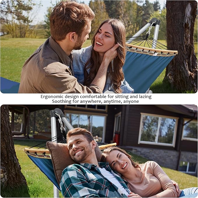 Tranquillo Ultimate Relaxation Portable Hammock Stand Foldable Hammock Stand with Canvas Hammock Spreader Bar Quick Fold Unfold in 30 Seconds Steel Frame Hammock 600 lbs Capacity White/Blue