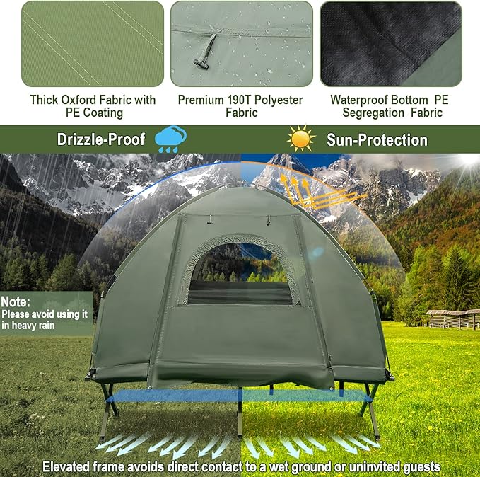 Goplus Camping Tent Cot 5-in-1 Folding Camping Bed with Awning Air Mattress Sleeping Bag Bedspread Off Ground Elevated 1-2 Person Cot Tent with Carrying Bag Air Pump for Camping Picnic Outdoor