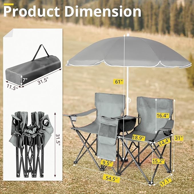 Double Camping Chair with Umbrella Portable Folding Beach Chairs Cup Holders Gray