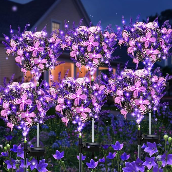 Solar Garden Lights Outdoor 6 Pack Purple Lavender Solar Butterfly Lights Gardening Gifts for WomenArtificial Flowers Light Purple Halloween Garden Decor for Patio Yard Lawn Christmas