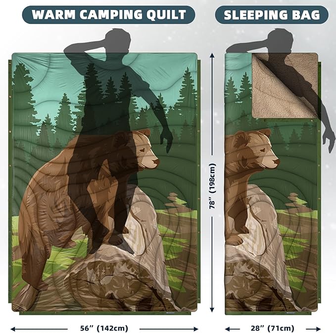 Outdoor Camping Blanket with Sherpa Lining Extra Warm Thick Camp Blankets and Puffy Ultralight Soft Poncho DWR Camping Quilt for Cold Weather Adventure Sleeping Backpacking 78x 56
