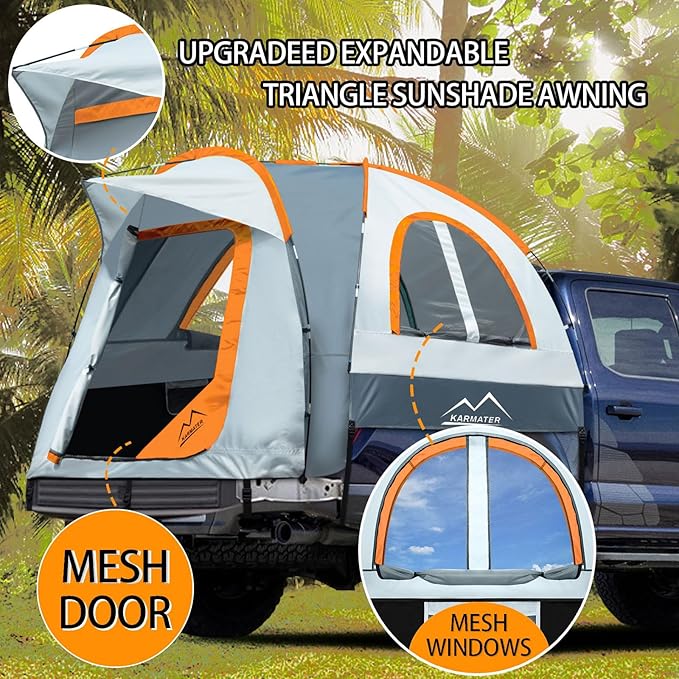 Pickup Truck Tent Waterproof PU2000mm for Camping 5.5-6 Ft Bed2-Person Sleeping with Double Layer Design Windows Portable Overland Tent Expandable Triangle Sunshade Awning