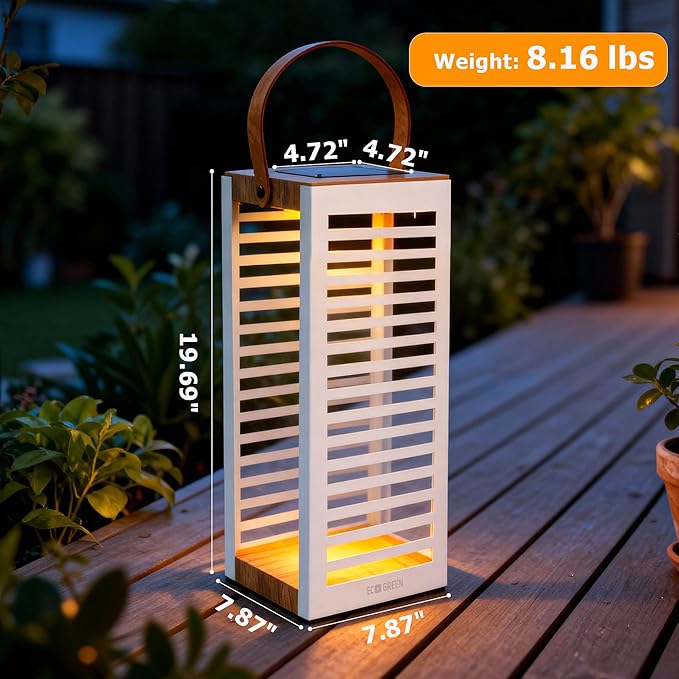 Solar Lantern with Handle - Outdoor Metal Solar Light (7.87×19.69) Waterproof &amp Rustproof 8H Auto-On Warm White Light Portable for Patio Porch Balcony &amp Garden Decor (White - 1 Pack)