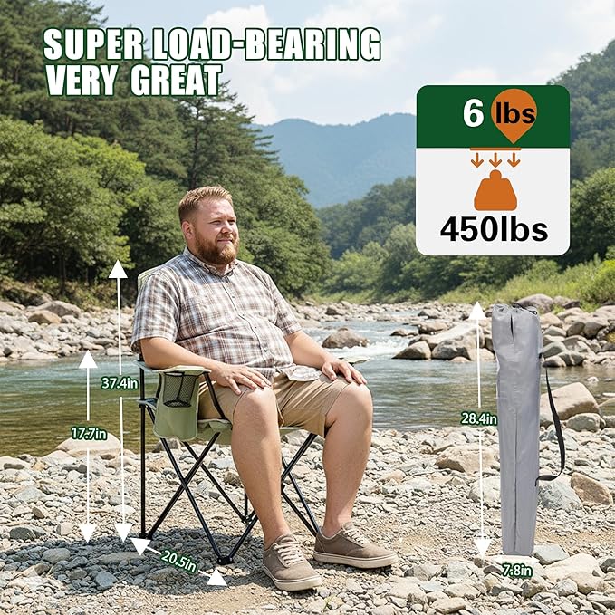 Portable Outdoor Folding Chair with Cup Holder &amp Cooler Bag - Breathable Mesh Wide Armrests Ergonomic Design for Camping Beach Backyard - Includes Storage Bag &amp Bottle Opener (Black/Green/