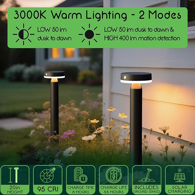 20 Solar Landscape Lights - Outdoor Solar Lights for Yard - PIR Sensor &amp Two Light Modes - 50lm &amp 400lm - Rechargeable Battery Last Up to 55 Hours - 3000K - IP44 Weather Resistant - 4 Pack