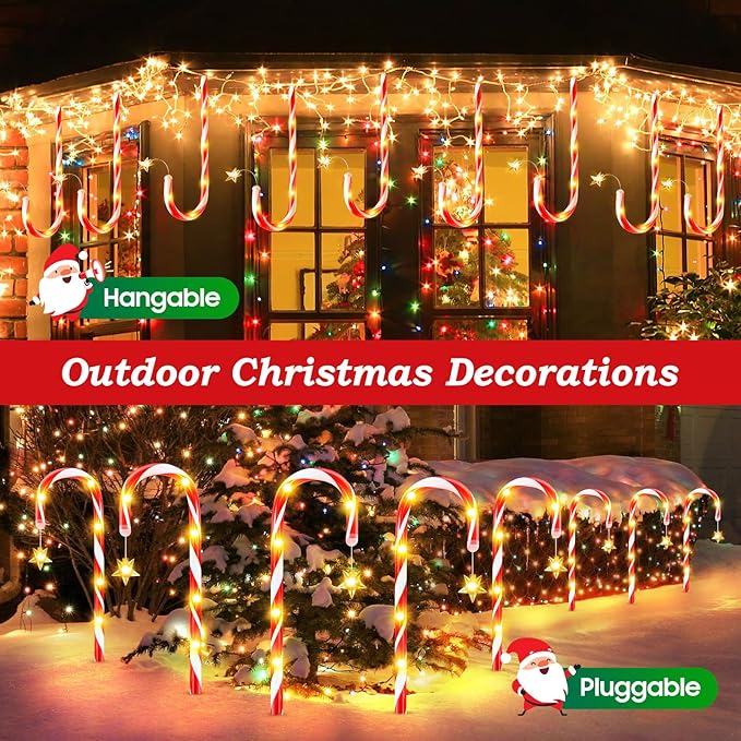 24 Pack Upgraded Solar Candy Cane Lights Outdoor Christmas Decorations Outdoor Solar Christmas Pathway Lights Waterproof with USB Charging 10 Modes for Yard Garden Lawn Path Walkway Party Xmas Decor