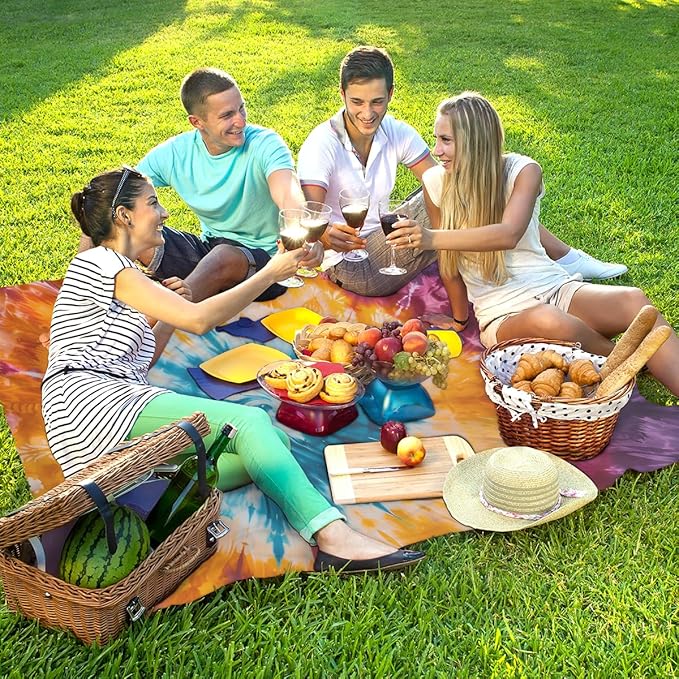 Waterproof Sandproof Beach Blanket 59''×68'' Pattern Tie Dye Polyester Outdoor Picnic Blanket with 4 Stakes &amp Storage Bag for BeachCampingVacation Multi-Color