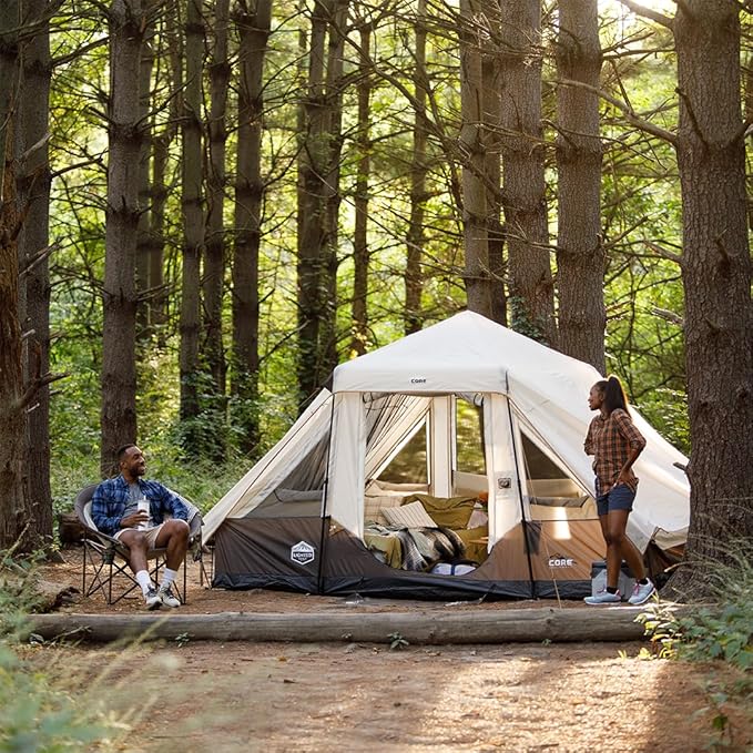 CORE Instant Cabin Tent with LED Lights | Large Family Lighted Pop Up Tent with Carry Bag for Camping Glamping and Backyard Adventures | Included Storage Pockets for Camp Accessories