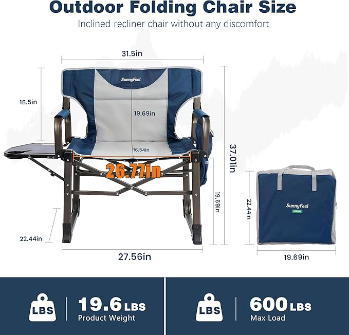 SUNNYFEEL Oversized Camping Directors Chair Blue Portable Folding Chair for Adults Support 600lbs with Side Pocket and Side Table for Beach Fishing Trip Picnic Lawn Outdoor Foldable Camp Chairs
