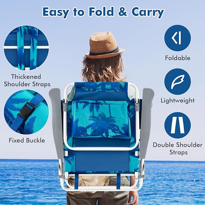Backpack Beach Chair 5 Position Adjustable Camping Chairs with Head Pillow Cooler Bag Towel Bar Cup Holders Portable 2-Pack Folding Beach Chairs for Adults (Without Table Coconut Tree)