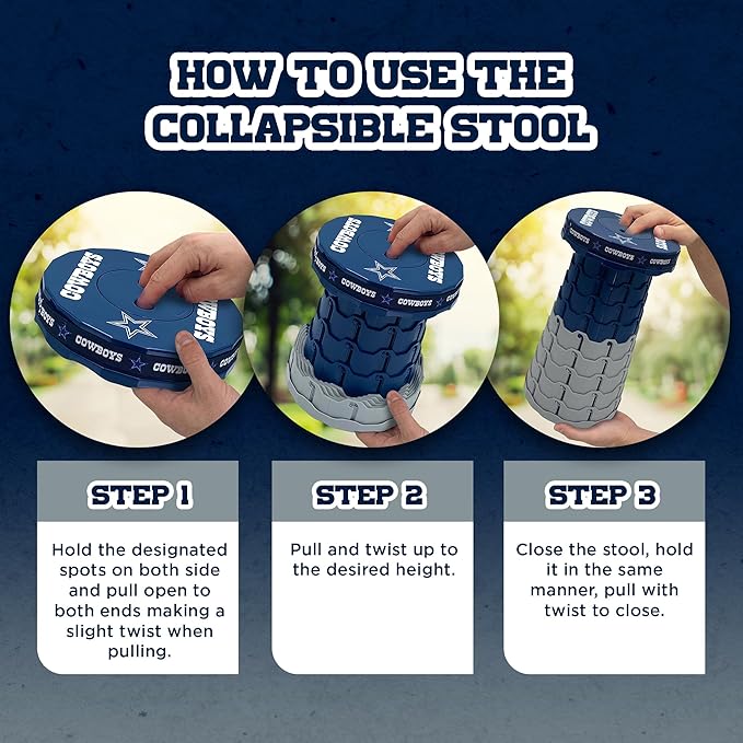 Sporticulture NFL Dallas Cowboys Telescoping Collapsible Stool 500lbs Max Weight Portable Adjustable Height Folding Camping Stool with Carry Strap Retractable Stadium Have A Seat Outdoor Sports Fan
