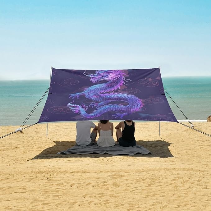 Purple Dragon Beach Tent Sun Shelter 9.2' x 10.5' Beach Canopy with 4 Sandbags 4 Stability Poles Sand Shovels - Tent Canopy for Beach Camping Fishing Picnics