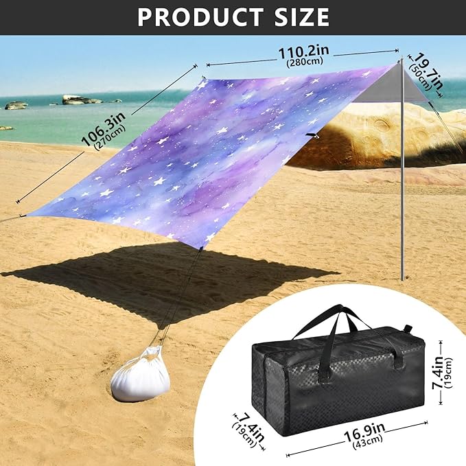 Bolaz Beach Canopy Tent Sun Shade9'×10.5' Large Family Beach Shade UPF50+- Outdoor Shade for Camping Trips FishingBlue Purple Watercolor Stars Pattern