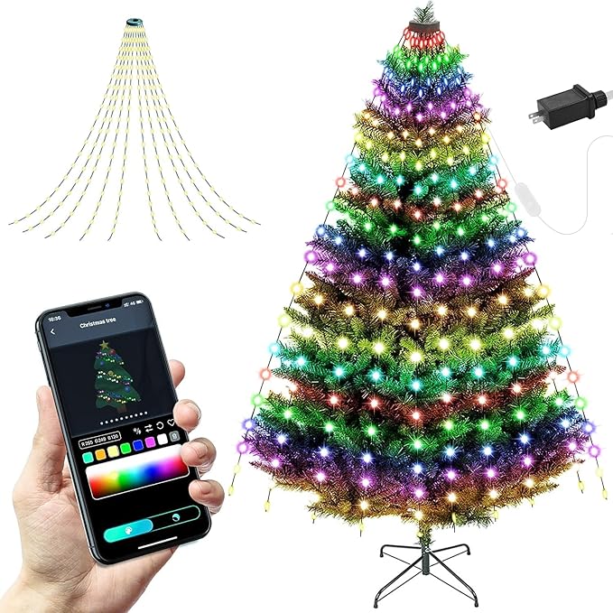 Christmas Tree String Lights Decorations with Ring Smart APP 200 LED Waterfall Lights IP65 Waterproof Multi-Modes with Remote Color Changing Lights for Wedding Yard Party Home Holiday