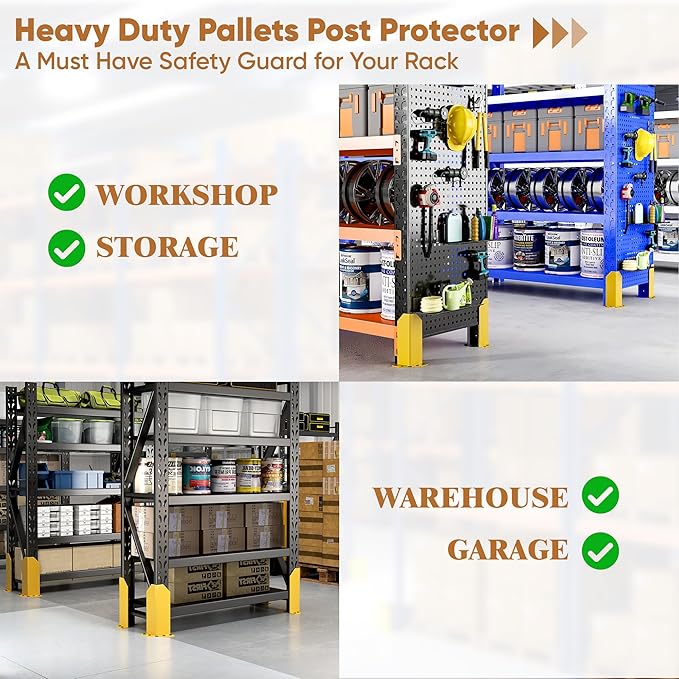 Nisorpa Pallet Rack Post Protectors 12 Pallet Racking Guards with Hardware L Shape Safety Yellow Pallet Edge Protectors Set of 2