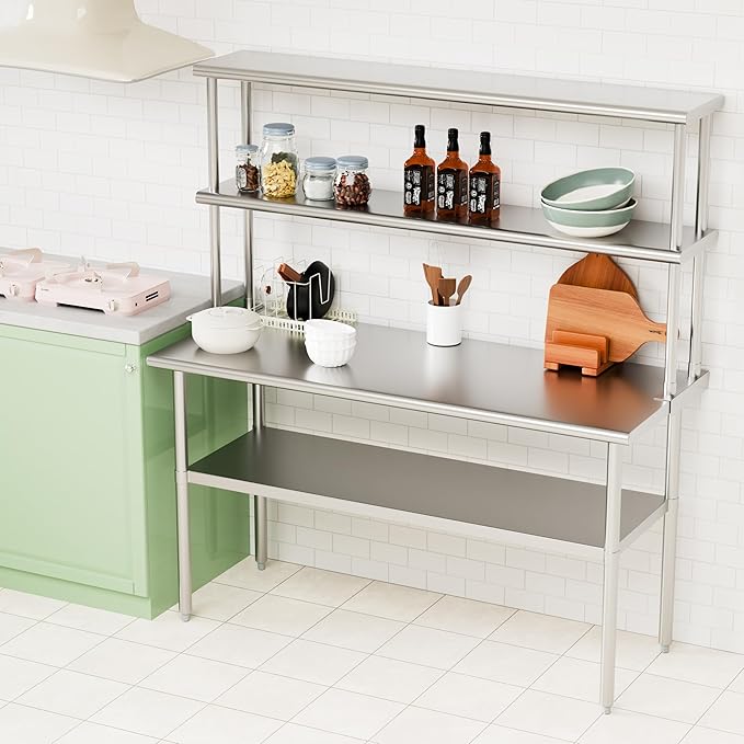 Double Overshelf of Stainless Steel 12'' x 60'' Commercial 2 Tier Shelf for Prep &amp Work Table in Restaurant Home and Kitchen (12x60)