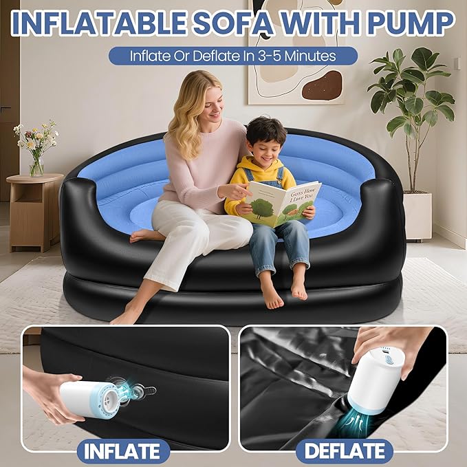 LanSuper Twin Size Inflatable Couch Blow up couch with PumpFlocked Surface Inflatable Chair for Adults Portable Air Sofa Inflatable Couch Waterproof Air CouchComfortable Blow up Couch for Camping