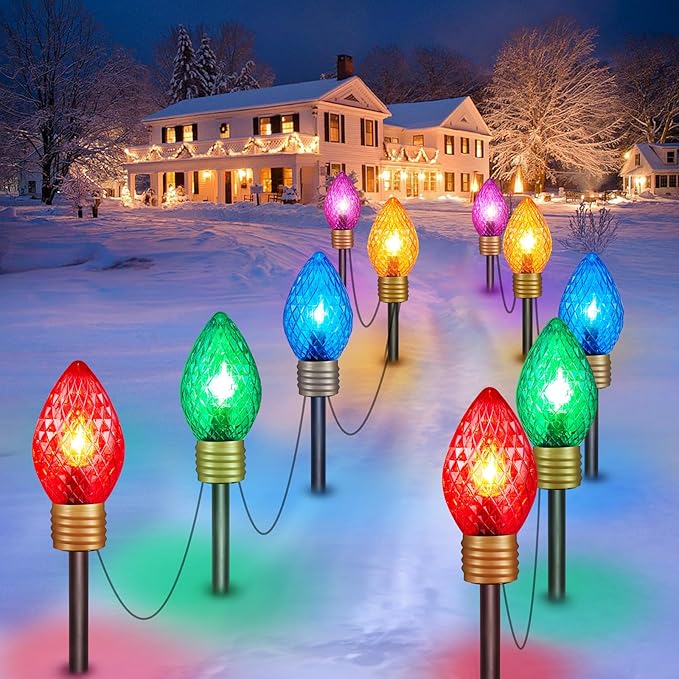 Strawberry Jumbo C9 Christmas Pathway Lights Outdoor - 2 Pack Total 17 Feet 10 LED C9 Christmas Light C7 Light Covered Jumbo Bulb Christma Lights Outdoor Decorations for Yard Lawn Holiday Outside