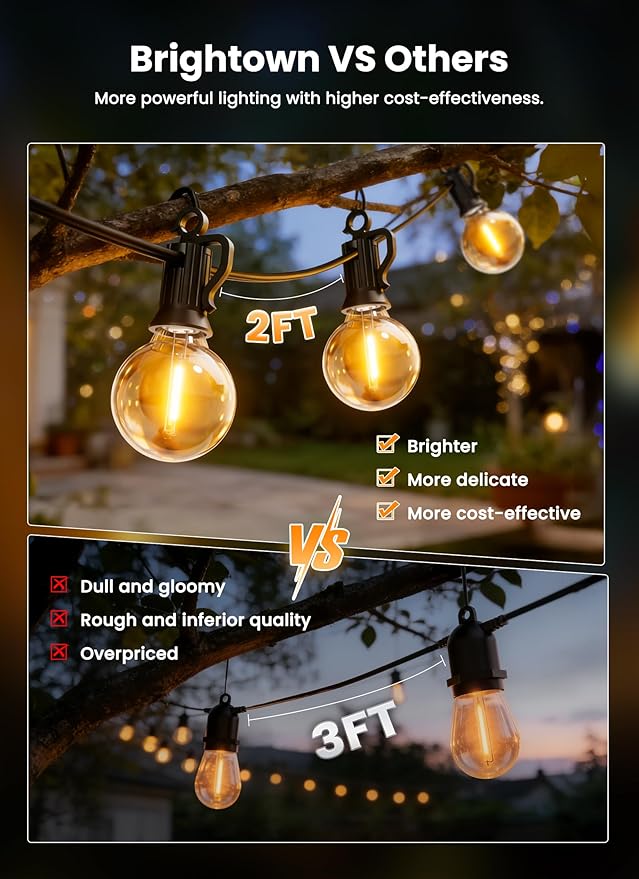 Brightown 108FT 52 LED Solar String Lights Outdoor with Remote &amp USB Port Shatterproof Bulbs Dimmable &amp Timable 3 Light Modes Patio Lights Solar Powered for Camping Backyard Garden Decor