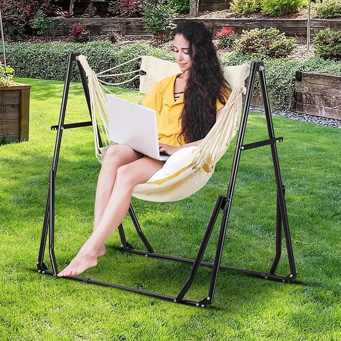 GDY Hammock Chair with Stand 550 lb Capacity Easy Set Up with Carrying Bag Portable for Travel/Backpacking/Beach/Backyard White.