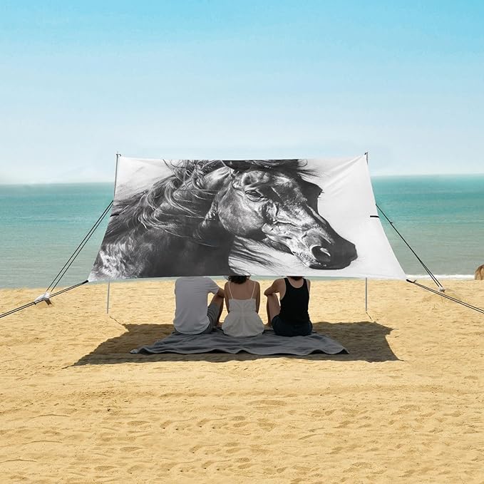 Drawing Horse Beach Tent Sun Shelter 9.2' x 10.5' Beach Canopy with 4 Sandbags 4 Stability Poles Sand Shovels - Tent Canopy for Beach Camping Fishing Picnics