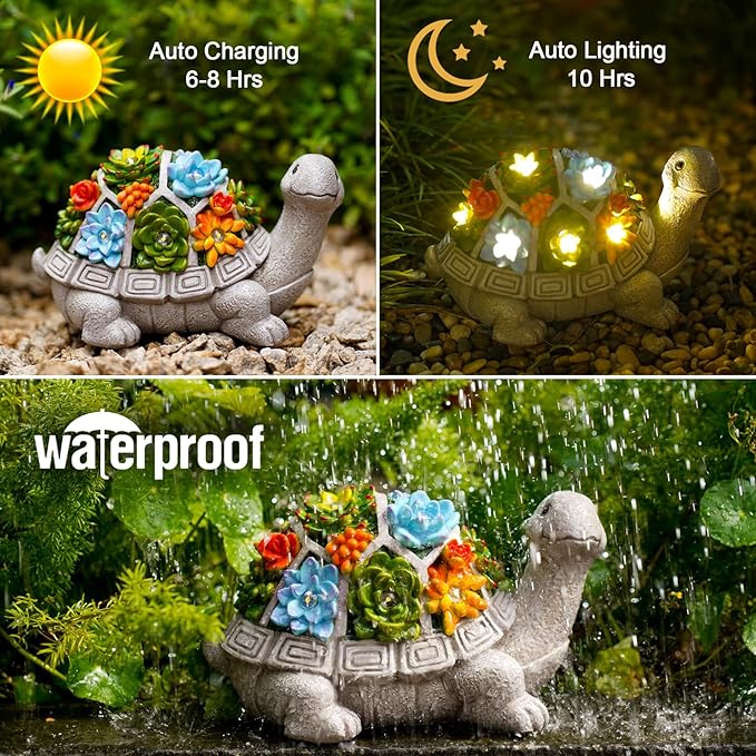 Nacome Solar Garden Outdoor Statues Turtle with Succulent and 7 LED Lights - Lawn Decor Tortoise Statue for Patio Balcony Yard Ornament - Chrismtas Gifts for Mom Grandma