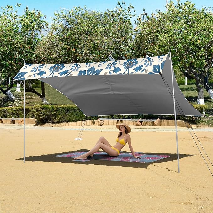 Traditional Floral Pattern Beach Tent Sun Shelter 9.2' x 10.5' Beach Canopy with 4 Sandbags 4 Stability Poles Sand Shovels - Tent Canopy for Beach Camping Fishing Picnics
