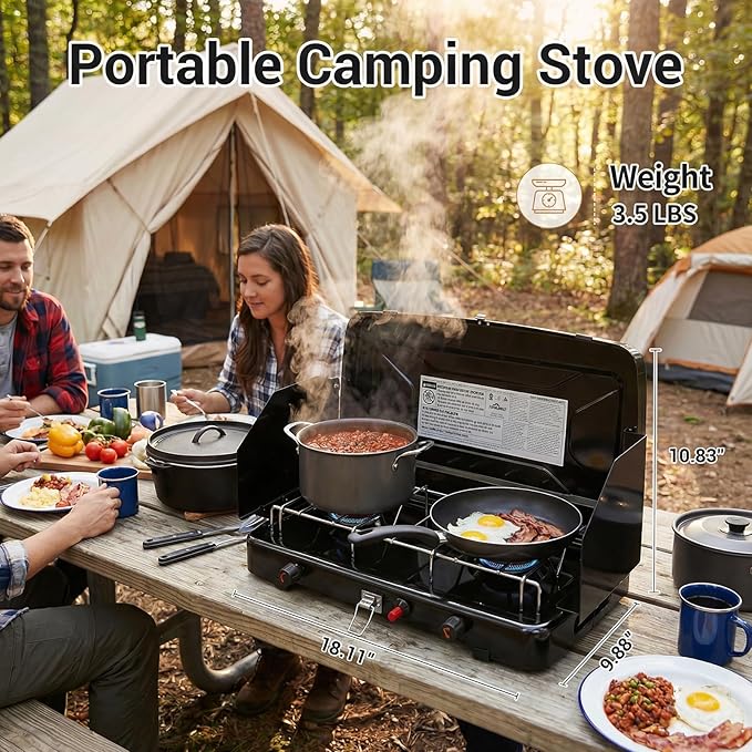 Camping Stove 2 Burners Propane Portable Camp Stove with Regulator Push-Button Instant Ignition Adjustable Burners &amp Wind Guards for Car BBQ Picnics Outdoor Cooking