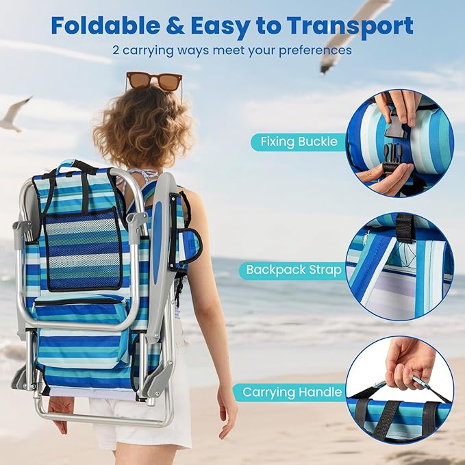 Goplus Beach Chair 330lbs Folding Backpack Chairs for Adults with 4-Position Backrest Storage Pockets Towel Bar &amp Headrest Foldable Low Beach Lounge Portable Aluminum Lay Flat Camping Chair