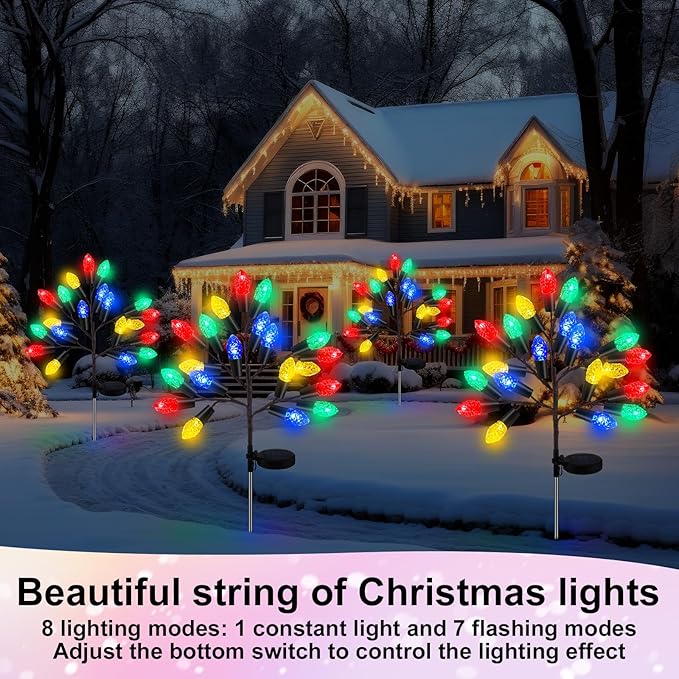 2 Pcs Christmas Solar Pathway Lights Outdoor Decorations 28 Christmas Stake Lamp Yard Waterproof 8 Modes 20 LED Pine Cones Tree for Walkway Path Garden Patio Decor