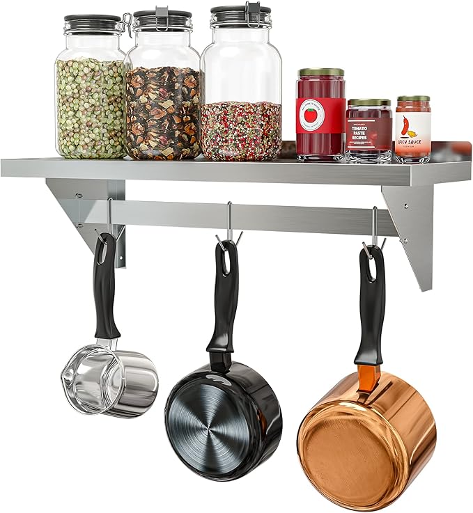 KoolMore 36” Commercial Wall Mounted Pot Rack Organizer Shelf with 3 Removable Storage Hooks for Pots and Pans Stainless-Steel Storage Holder (WMPS-1236) 12 X 36