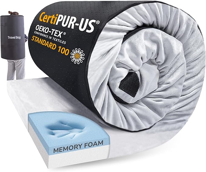 Memory Foam Camping Mattress 2.5 inch Kids Portable Roll Up Camping Sleep Topper with Waterproof and Non-Slip Bottom Camping Car Mat with Travel Bag 63×26×2.5 Grey