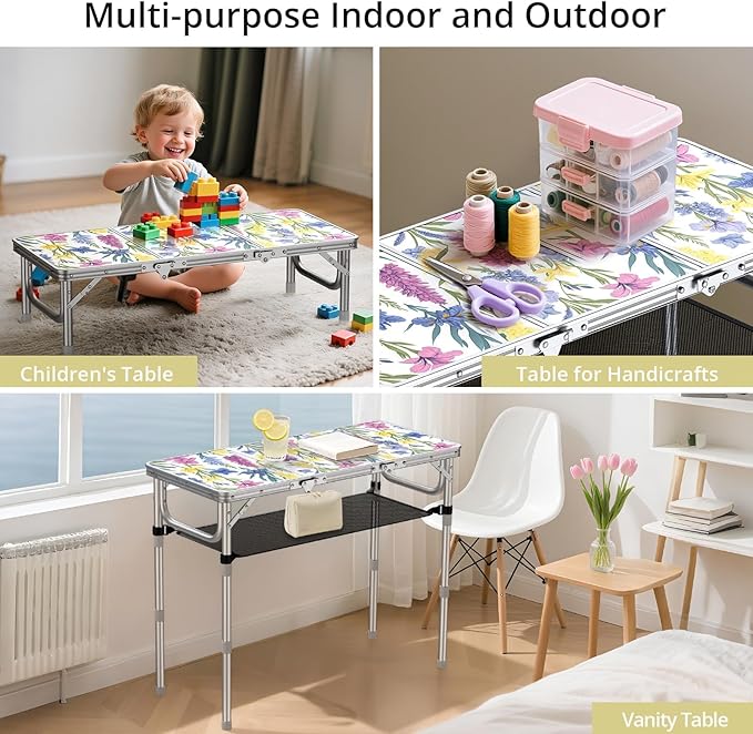 Anbte 3ft Folding Camping Table with Storage Net &amp Bag 3 Adjustable Height Max 27.5 Outdoor Folding Table Lightweight Portable Handle for Outdoor Indoor Camping Beach RV Picnic Blooming Floral