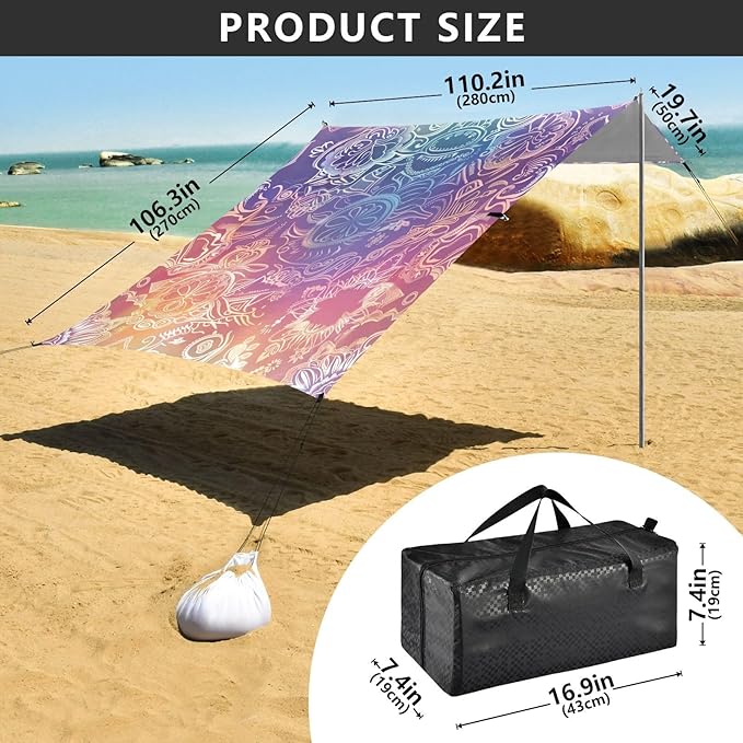 ALAZA Gradient Mandala Beach Tent Sun Shelter UPF50+ Protection Beach Shade Canopy w/ 4 Sandbags for Outdoor Camping Fishing Backyard Fun Picnic 10x9 ft