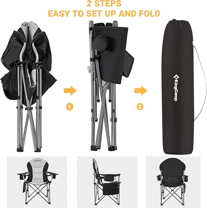 KingCamp Folding Portable Camping Chairs Oversized Padded Quad Arm Chair with Cooler Bag Cup Holder and Side Pocket Heavy Duty Supports 300 lbs for Outdoor Lawn Fishing Sports