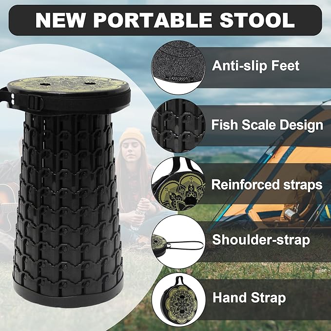 Portable Stool with Swivel Cushion Bag&ampCarabinerH 18.1 Collapsible More Sturdy and Lightweight Camping Telescoping Stool for Mountain Hiking BBQMax Load Capacity 600LBs