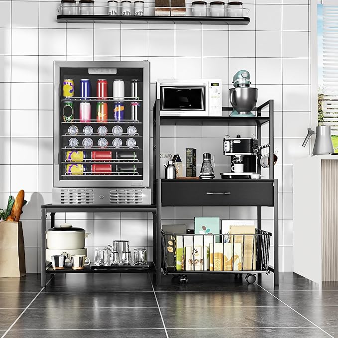 Bakers Rack with Mini Fridge Stand &amp Microwave Shelf – Coffee Bar with Drawer Rolling Basket Storage &amp Hooks – Heavy Duty Kitchen Organizer for Apartments Dorms &amp Living Rooms Black