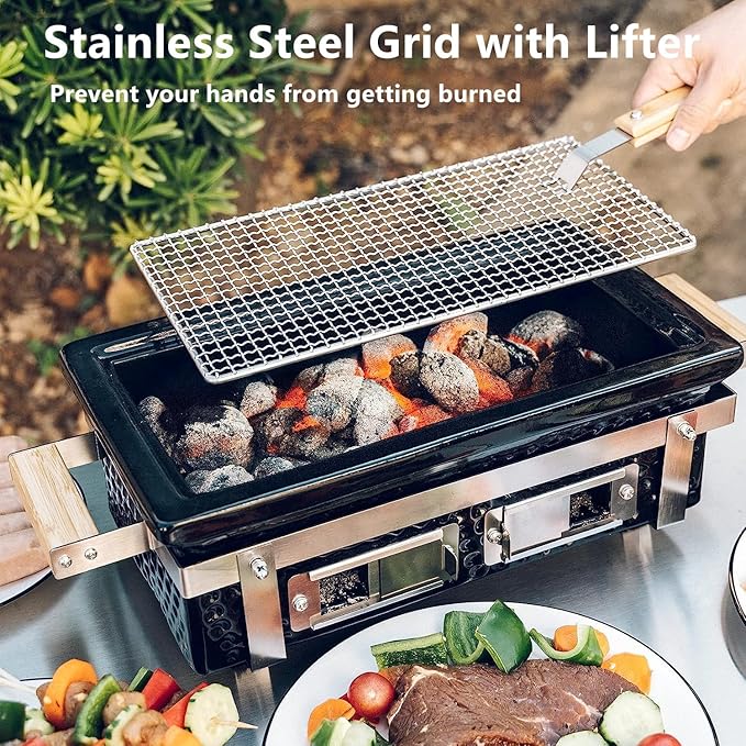 Charcoal BBQ Hibachi Grill with Grid Lifter Portable Yakitori Grill with Stainless Steel Grate Barbecue Stove for Outdoor Camping Picnic Patio Backyard Cooking GS306