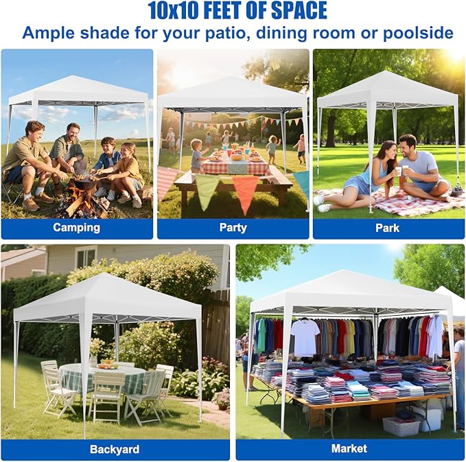 Yesker 10x10 Pop Up Canopy Tent UPF 50+ Waterproof Outdoor Canopy Portable Folding Easy Setup Gazebo Adjustable Height Instant Sun Shade Tent with Wheeled Bag for Events Parties Camping Patio White