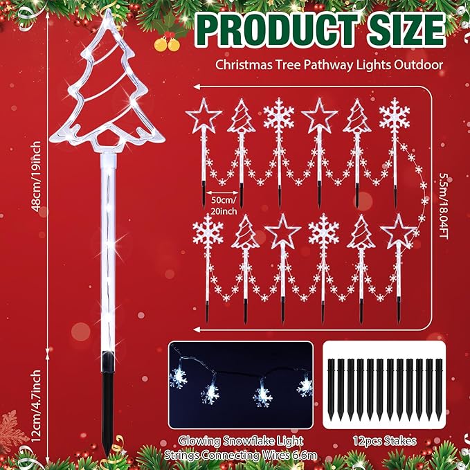12 Pack Outdoor Snowflake Walkway Lights Plug in Christmas Pathway Lights 8 Modes Xmas Waterproof LED Garden Stake Light for Walkway Porch Yard Lawn (Cool White)